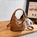 Brown lychee leather bucket bag with silver buckle, strap and plush rabbit charm - Brown with Pendant
