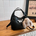 Retro black lychee grain bucket bag with silver buckle and plush rabbit charm detail - Black with Pendant