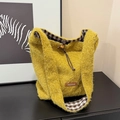 Mustard yellow plush tote bag with plaid lining and horn buckle closure for women - Yellow
