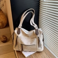 Grand sac cabas vintage beige avec lanières en cuir marron et poches multifonctions - Blanc Cassé
