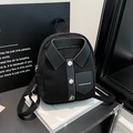 Minimalist black shirt-style backpack with collar and silver button details in canvas - Black