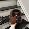 Mini brown suede backpack with creative shirt design, black collar and metal buttons - Brown