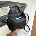 Chic black lychee grain leather bucket bag with silver clasp and orange lining - Black without Pendant