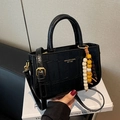 Retro black crocodile embossed small square handbag with golden logo and bead charm - Black (With Charm)