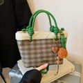 Green plaid handbag with faux shearling trim, heart charm and orange fuzzy pompom accessory - With Charm / Plaid Green