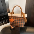 Brown plaid wool handbag featuring white faux fur trim and leather top handles - With Charm / Plaid Brown