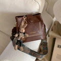 Vintage brown leather bucket bag with ethnic woven strap and cute rabbit pendant - Coffee with Pendant