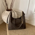 Dark brown suede hobo bag with gold chain and white contrast stitching detail - Brown