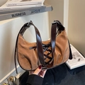 Brown suede hobo bag with vintage leather lace-up detail and shoulder strap style - Brown