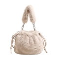 Furry cream drawstring bucket bag with plush handle and slim leather crossbody strap - Apricot