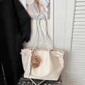 Creamy white suede tote bag with leather texture and cute brown plush bear charm - White with Pendant