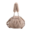 Chic light brown faux fur bucket bag with drawstring and detachable plush handle - Khaki