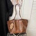 Deep brown suede tote bag with large capacity and cute teddy bear charm detail - Brown with Pendant