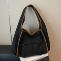 Borsa tote in velluto a coste nera con bordo marrone e tasca con zip frontale - Nero