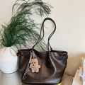 Deep brown faux leather large tote bag with adjustable buckles and a teddy bear charm - Coffee with Pendant