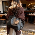 Black suede tote bag with long straps, metal buckle and plush bear charm detail - Black with Pendant