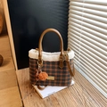 Chic plaid tweed bucket bag with white fleece trim and orange pompom detail - With Pendant / Plaid Brown