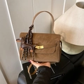Brown suede underarm bag with vintage metal clasp and a cute dachshund dog charm - Brown with Pendant