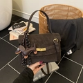 Dark brown retro textured handbag with cute dachshund charm and golden buckle closure - Coffee with Pendant