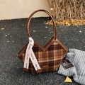 Bruine geruite draagtas van tweed met een V-vormige opening en decoratief wit lint - Bruin