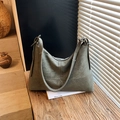 Minimalist olive green faux leather tote bag with side drawstring and top zipper - Green