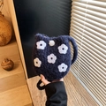 Cute dark blue plush bucket bag with cat ears and white floral embroidery - Dark Blue