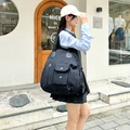 Black pleated large tote bag with multi-pocket design and front snap button pocket - Black