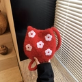 Red plush bucket bag with cute flower embroidery and cat ears for autumn and winter - Red