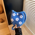 Blue fuzzy cat ear bucket bag with white floral embroidery and plush pom-pom strap - Light Blue