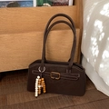 Vintage dark brown rectangular shoulder bag with white stitching and wooden bead charm - Coffee with Pendant
