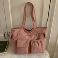 Borsa tote in velluto a coste rosa con design multitasche e doppi manici corti - Rosa
