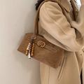 Brown vintage suede underarm bag with decorative metal buckles and bead charm details - Brown with Pendant