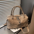 Vintage brown leather tote bag with metallic cross pendant and detachable shoulder strap - Khaki