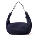 Detail view of large capacity dark blue nylon crescent bag with adjustable straps and drawstrings - Dark Blue
