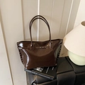 Dark brown large capacity tote bag with rivet details and glossy faux leather finish - Brown