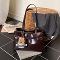 Dark coffee tote bag with glossy wrinkled texture and a cute bear charm accessory - With Charm / Brown