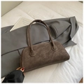 Sac Boston vintage en daim marron avec surpiqûres blanches et double poignée - Café sans Pendentif