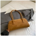 Sac Boston en daim marron avec surpiqûres blanches et fines anses minimalistes - Brun Sans Pendentif