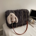 Dark gray plush tote bag with gold chain strap and cute cream rabbit pendant - Dark Gray with Pendant