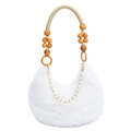White faux fur hobo bag with bohemian wooden beads and pearl chain handle detail - White