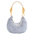 Chic grey fluffy hobo bag with pearl chain and unique wooden bead handle detail - Gray