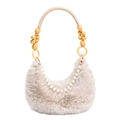 Beige faux fur half-moon shoulder bag with decorative pearl chain and woven beaded handle - Khaki