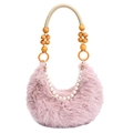 Pink crescent faux fur handbag with wooden bead handle and decorative pearls - Pink