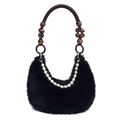 Sac à bandoulière en fausse fourrure noire avec poignée en bois et charme de perle - Noir