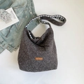 Vintage dark gray fuzzy tote bag with leather tag and black white checkered strap - Crossbody Black