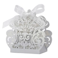 Elegante caja de dulces de boda blanca cortada con láser con patrón floral y cinta - 6x3.8cm / Blanco