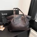 Gothic punk dark brown leather tote bag with silver cross charm and star rivets - Brown