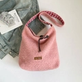 Pink plush tote bag with our fave leather patch and checkered lining in variant view - Crossbody Pink