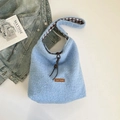 Light blue faux shearling tote bag with checkered lining and brown leather patch - Shoulder Light Blue