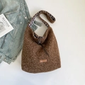 Brown faux shearling hobo tote bag with plaid lining and leather drawstring closure - Brown